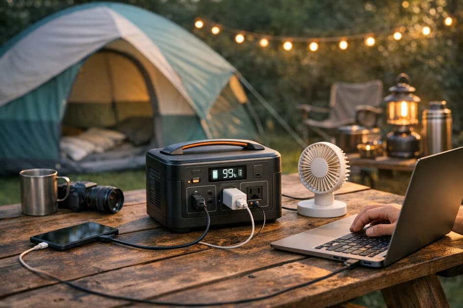Small portable power stations lined up on a table beside camping gear.