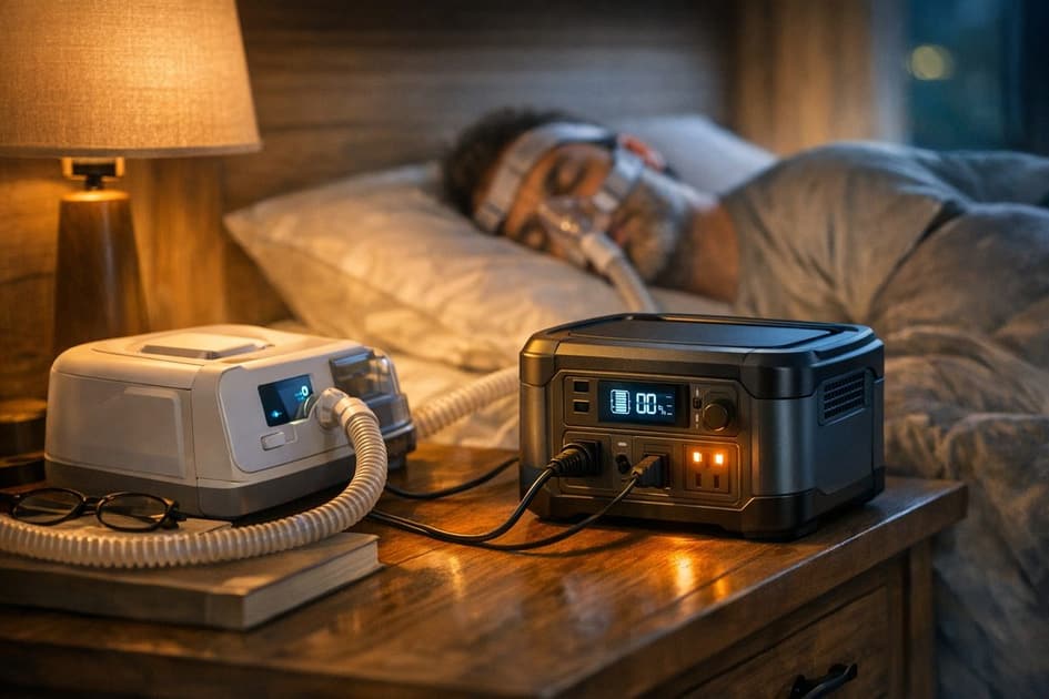 Portable power station beside a CPAP setup on a bedside table.
