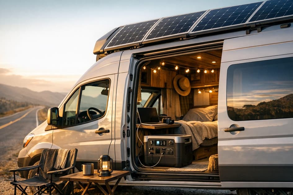 Camper van parked outdoors with portable power station and solar panels.