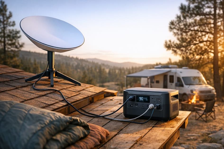 Portable power station running Starlink gear beside an outdoor remote work setup.